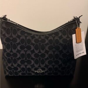 NWT Coach Laurel Shoulder Bag Signature Jacquard Denim with Tan Tag Black/Silver